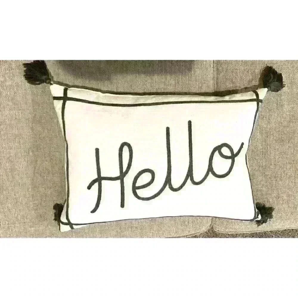New White Linen Farmhouse Decorative Throw Pillow 12x18” - Gray “Hello” - Picture 3 of 3